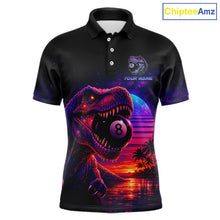 Load image into Gallery viewer, Black polo shirt with a dinosaur and pool ball design on a white background, featuring the brand 'Chiptee Amz'.