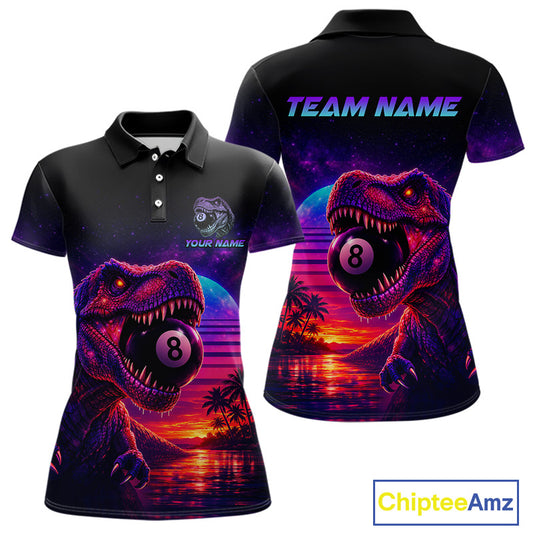 Black polo shirt with dinosaur and 8-ball design on front and back, featuring 'Chiptee Amz' branding.