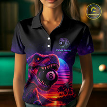 Load image into Gallery viewer, Person wearing a black polo shirt with a dinosaur and pool ball design, set against a blurred pool table background.