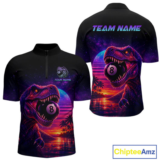 Black zip-up shirt with dinosaur and pool ball design on a white background, featuring 'Chiptee Amz' branding.