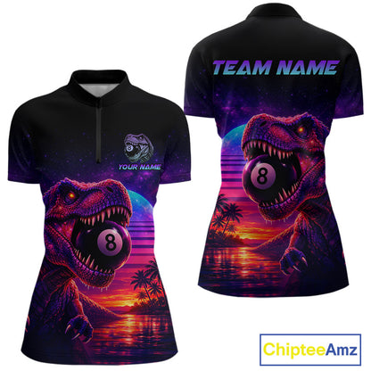 Black polo shirt with dinosaur and pool ball design on front and back, featuring 'Chiptee Amz' branding.