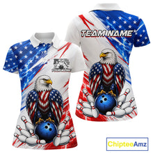 Load image into Gallery viewer, Bowling shirt with American flag design and eagle holding a bowling ball, customizable text on a white background.