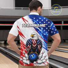 Load image into Gallery viewer, Man wearing a bowling shirt with American flag design and eagle graphic in a bowling alley.