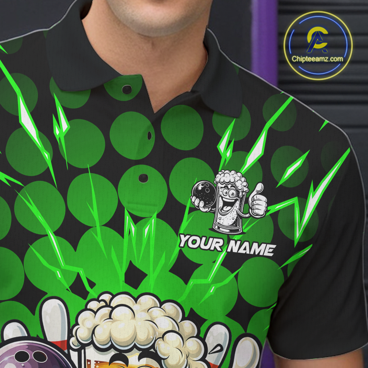 Custom Green Funny Beer Bowling Jersey for Men Bowling Team Shirts Polo & 1/4 Zip HNT187