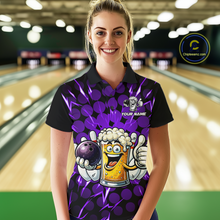 Load image into Gallery viewer, Custom Purple Funny Beer Bowling Jersey for Women Bowling Team Shirts Polo &amp; 1/4 Zip HNT187