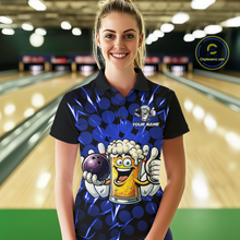 Load image into Gallery viewer, Custom Blue Funny Beer Bowling Jersey for Women Bowling Team Shirts Polo &amp; 1/4 Zip HNT187