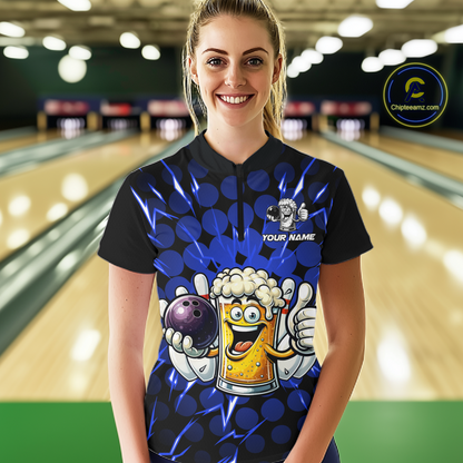 Custom Blue Funny Beer Bowling Jersey for Women Bowling Team Shirts Polo & 1/4 Zip HNT187