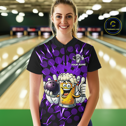 Custom Purple Funny Beer Bowling Jersey for Women Bowling Team Shirts Polo & 1/4 Zip HNT187