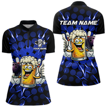 Load image into Gallery viewer, Custom Blue Funny Beer Bowling Jersey for Women Bowling Team Shirts Polo &amp; 1/4 Zip HNT187