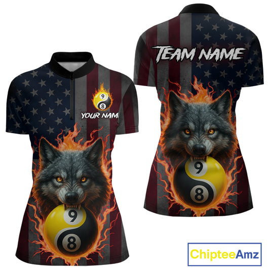 Custom US Wolf 8 9 Ball Yin Yang Billiard Shirts for Women Billiard Team Shirts Billiard League Polo & 1/4 Zip NNT92