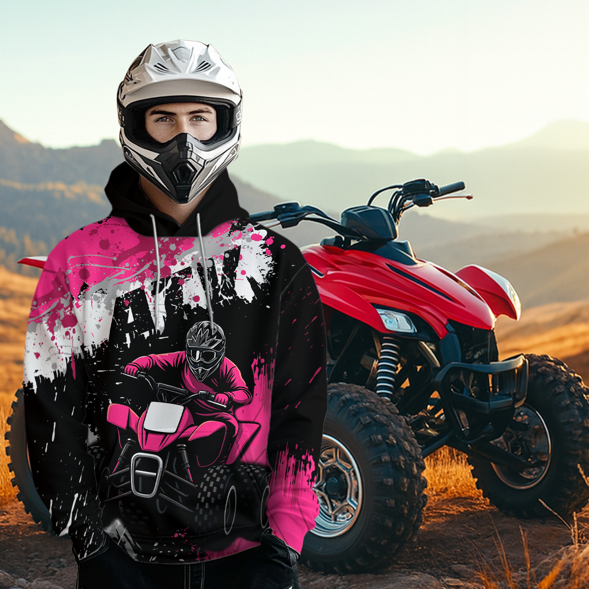 Pink Girls ATV Motocross Hoodie Personalized Upf30+ Adult&Kid Quad Bike Shirt Atv Mx Off-Road Extreme NHN003