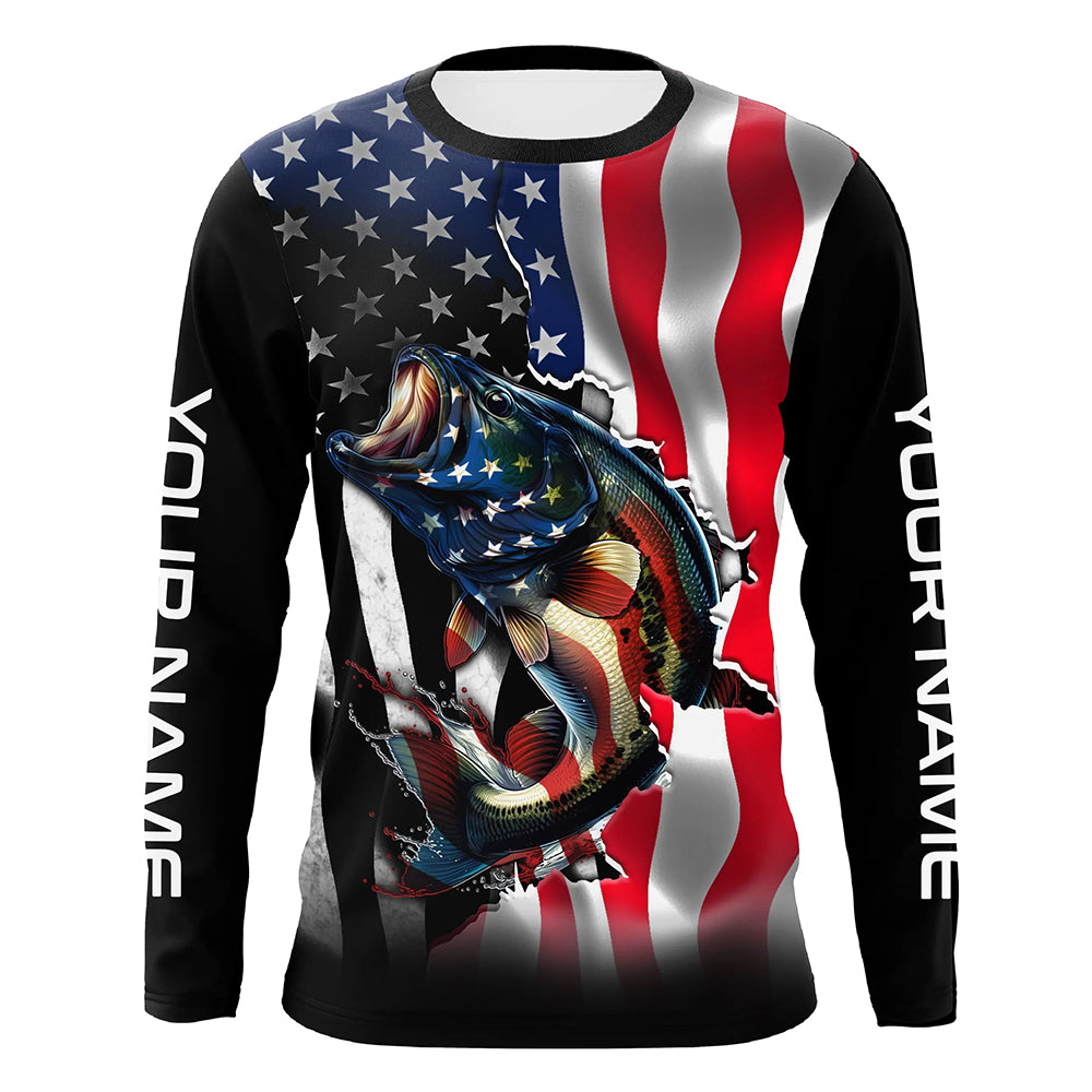 Bass Fishing American Flag Custom Long sleeve Performance Fishing Shirts, Patriotic Fishing Jerseys TTN91