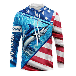 Personalized American Flag Marlin Fishing Shirts, Patriotic Marlin Long Sleeve Fishing Shirt TTV36