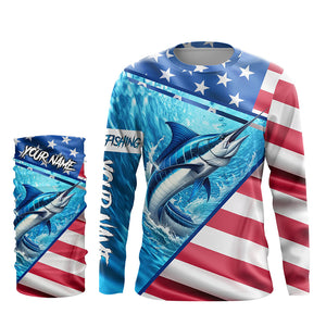 Personalized American Flag Marlin Fishing Shirts, Patriotic Marlin Long Sleeve Fishing Shirt TTV36