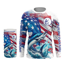 Load image into Gallery viewer, Personalized American Flag Marlin Fishing Shirts, Patriotic Marlin Long Sleeve Fishing Shirt TTV148