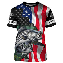 Load image into Gallery viewer, Striped bass fishing American Flag patriotic UV protection customize name fishing apparel TTV123