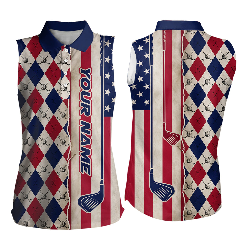 American Flag Argyle Golf Sleeveless Polo Shirts Custom Name, Patriotic Golf Gifts YYD0061