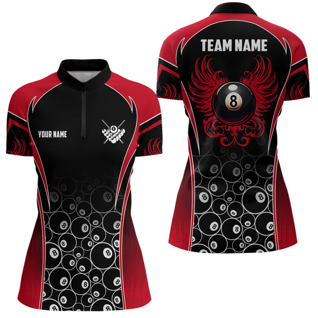 Personalized Ball 8 Wing Billiard Women Quarter-Zip Shirts Custom Name Billiard Shirt Design | Red YYD0064