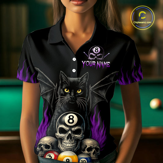 Personalized Name Bat Cat Billards Polo Shirts For Woman  Custom Team Name Billiard Shirt Design YYD0014