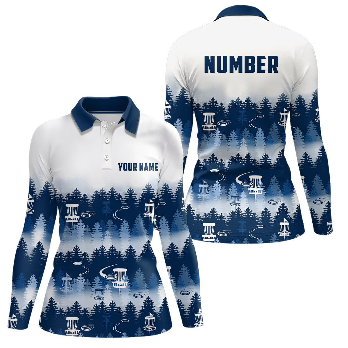 Disc Golf Forest Pattern Womans Disc Golf Polo Shirt Custom Name And Number Disc Golf Gifts For Woman | Navy YYD0017