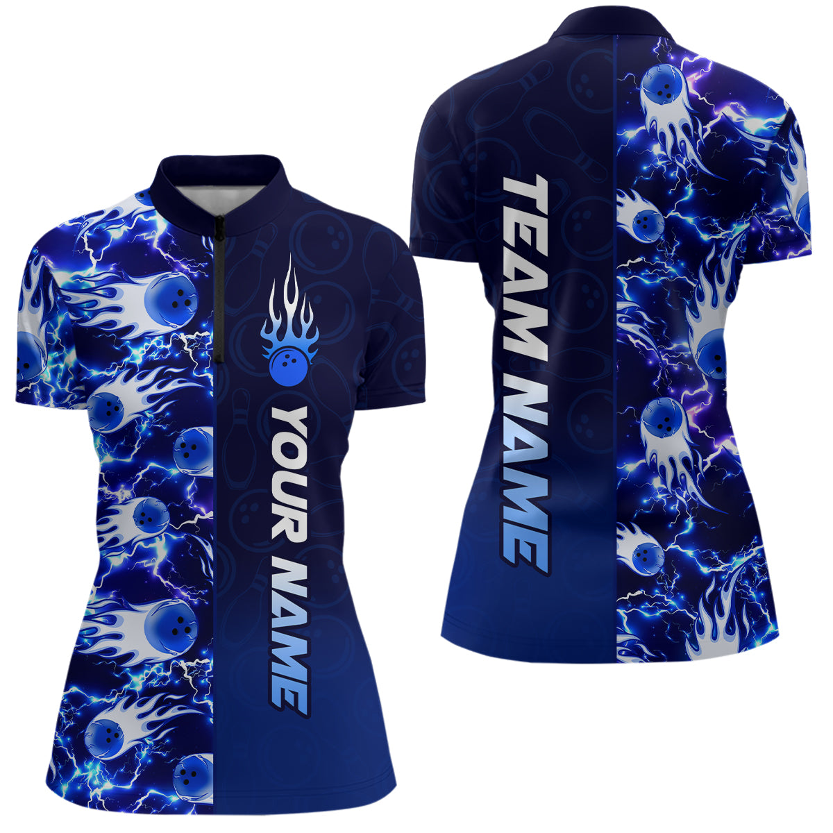 Bowling Quarter Zip Shirts For Women Custom Name Bowling Flame Lightning Team Jersey Shirt YYD0030