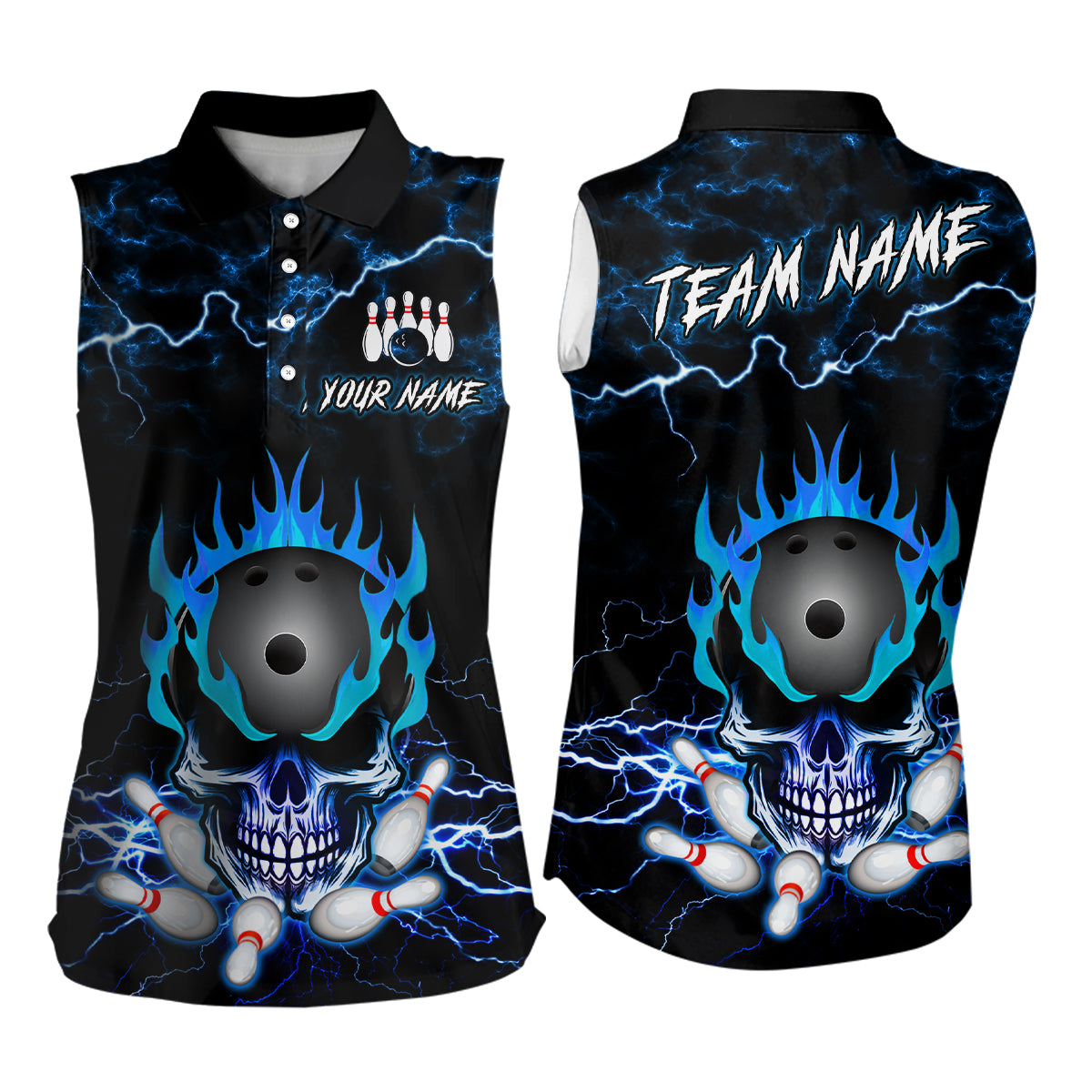 Blue Skull Fire Bowling Sleeveless Shirt for Womens Custom Name Bowling Team Jersey Shirt YYD0068