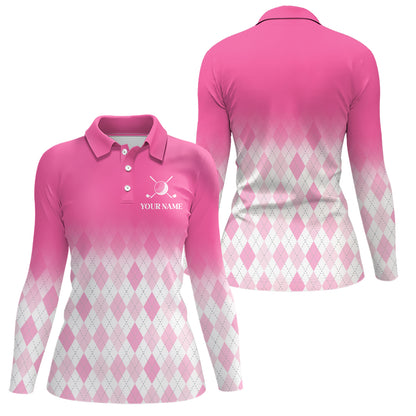 Argyle Pattern Golf Polo Shirts For Womens Custom Name, Golf Pattern Pink Shirt Gifts YYD0032