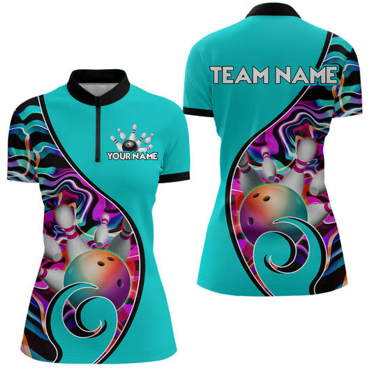 Custom Bowling Team Women Quarter-Zip Shirts - Personalized Abstractt Colors Bowling Jersey YYD0080