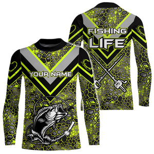 Personalized Bass Fishing Jerseys Shirts, Bass Fishing Camouflage Abstract Shirts Gift | Lime Green YYD0039