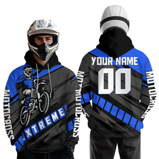 Personalized Blue Motocross Hoodie Dirt Bike Racing Hoodie for Adult Men Women MH155