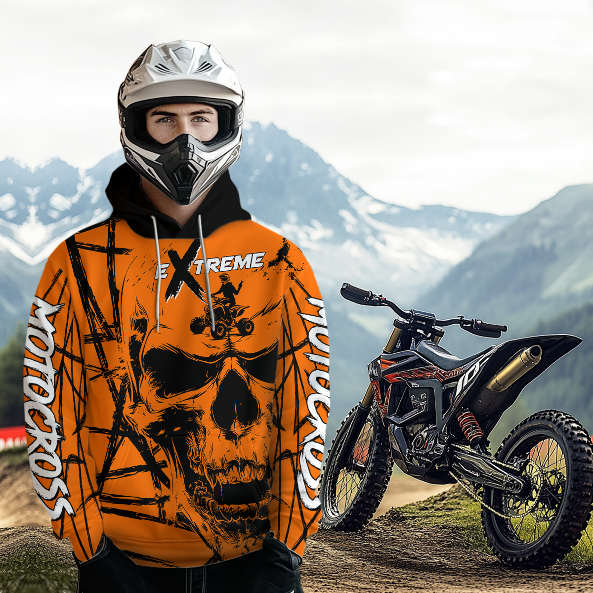 Skull Orange ATV Motocross Hoodie for Men Women Quad Shirt ATV Riding Hoodie MHATV24