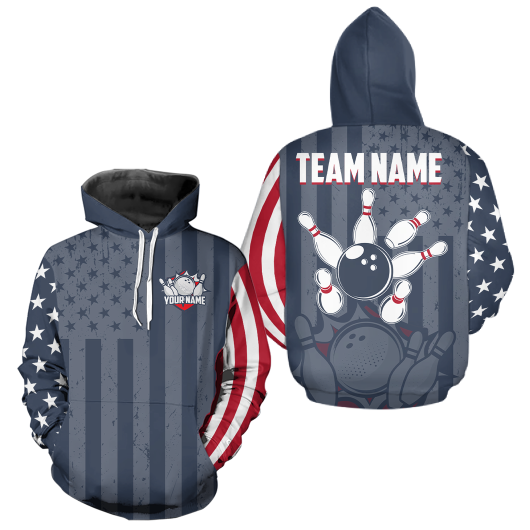 Custom Bowling Hoodie Shirt USA Flag Bowling Jersey Bowling Team Shirt BDT49