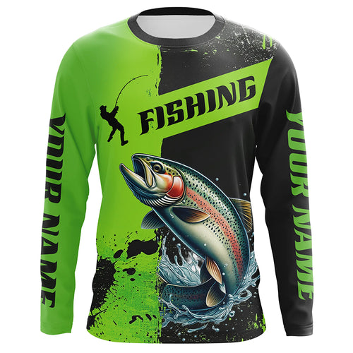 Custom Rainbow Trout Fishing Long Sleeve Tournament Shirts, Trout Fishing Jerseys | Black And Green IPHW6334