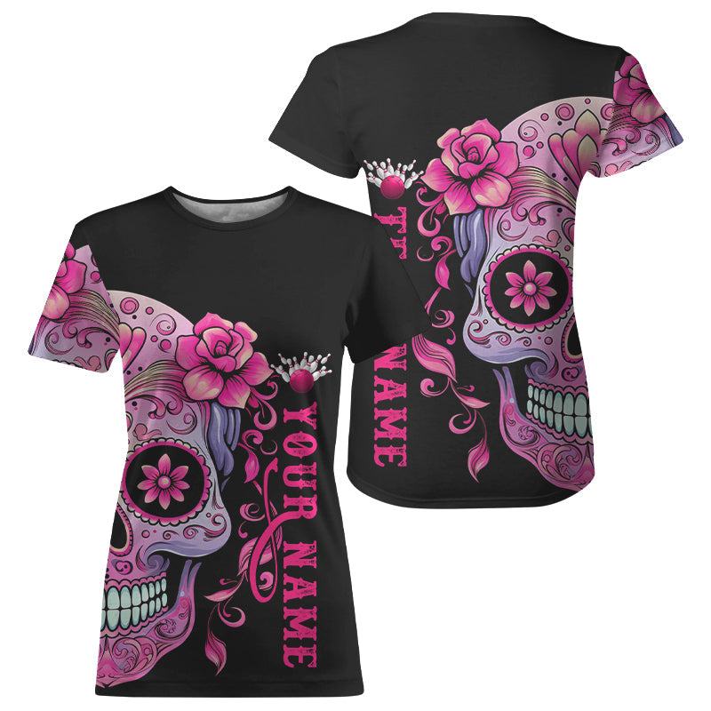 Pink Sugar Skull Tattoo Custom Women Bowling T-Shirts Shirts, Halloween Team Bowling Jerseys IPHW5243