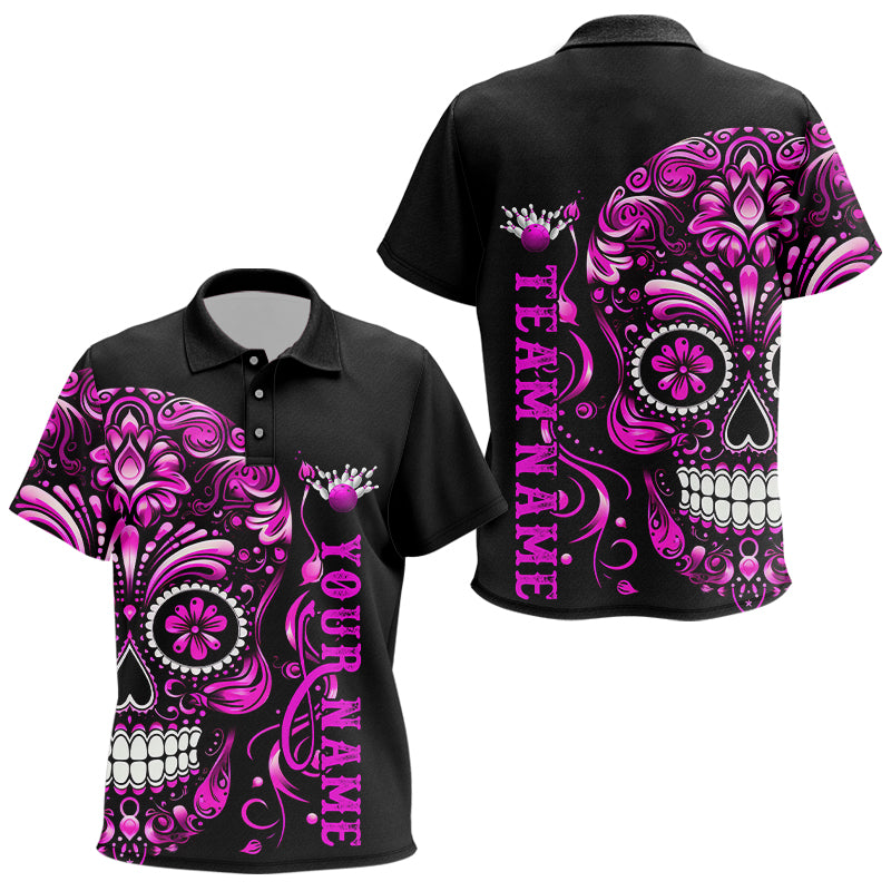 Pink Sugar Skull Tattoo Custom Bowling Kid Polo Shirts, Halloween Team Bowling Jerseys IPHW5244