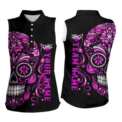 Custom Pink Sugar Skull Bowling Shirts For Women, Halloween Female Bowling Shirt IPHW5244