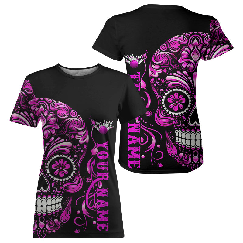 Pink Sugar Skull Tattoo Custom Bowling Women T-Shirts, Halloween Team Bowling Jerseys IPHW5244