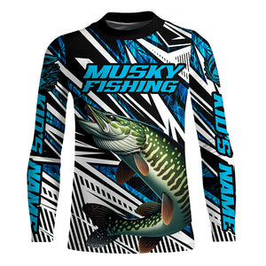 Musky Fishing Custom Long Sleeve Tournament Shirts, Blue Grass Camo Musky Fishing Jerseys IPHW6088