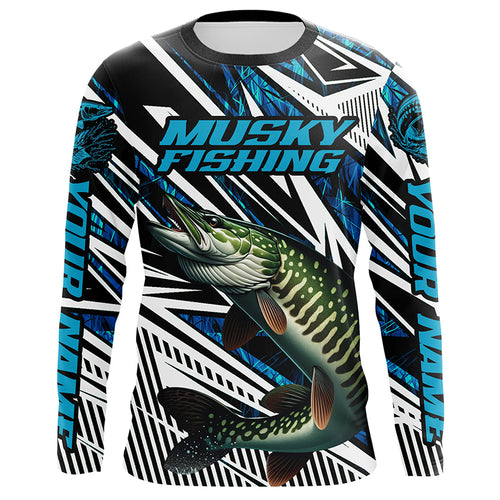 Musky Fishing Custom Long Sleeve Tournament Shirts, Blue Grass Camo Musky Fishing Jerseys IPHW6088