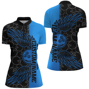 Black And Blue Custom Ladies Bowling Tournament Team Shirts, Bowling Ball And Wings Jerseys IPHW6447