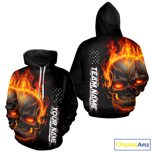 Flame Skull Custom Bowling Men And Women Hoodie Shirt,  Patriotic Bowling Team Jersey Halloween Outfit IPHW5275