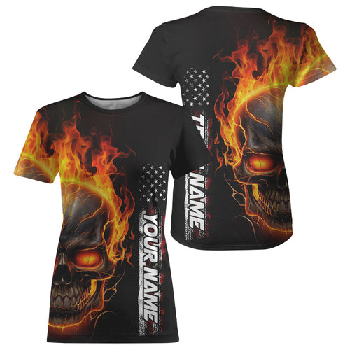 Flame Skull Custom Bowling Women T-Shirts Shirt,  Patriotic Bowling Team Jersey Halloween Outfit IPHW5275
