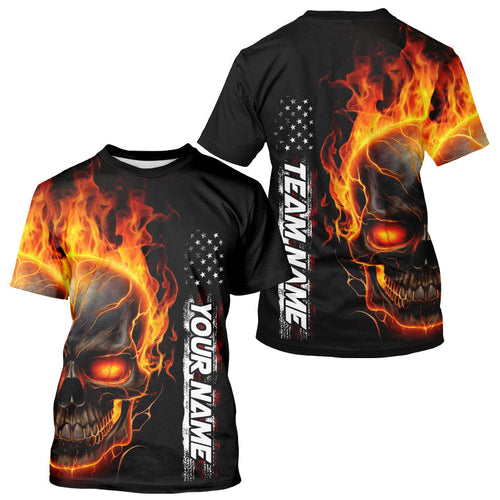 Flame Skull Custom Bowling Men T-Shirts Shirt,  Patriotic Bowling Team Jersey Halloween Outfit IPHW5275