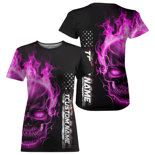 Custom Pink Flame Skull Bowling Women T-Shirts Shirts, Patriotic Bowling Halloween Outfit IPHW5279