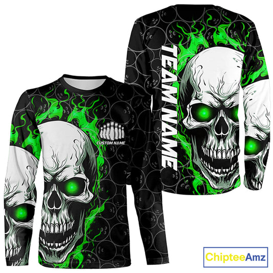 Custom Green Flame Skull Bowling Shirts For Men And Women, Bowling Team Long Sleeve Bowling Shirts IPHW5008