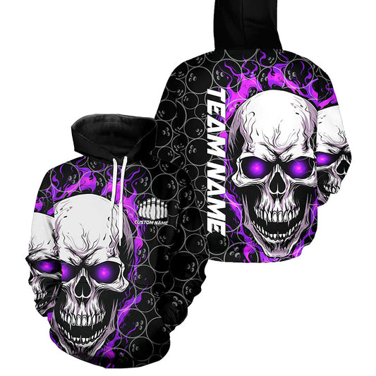 Custom Purple Flame Skull Bowling Shirts For Men And Women, Bowling Team Hoodie Bowling Shirts IPHW5009