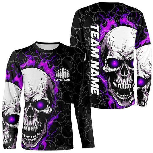 Custom Purple Flame Skull Bowling Shirts For Men And Women, Bowling Team Long Sleeve Bowling Shirts IPHW5009