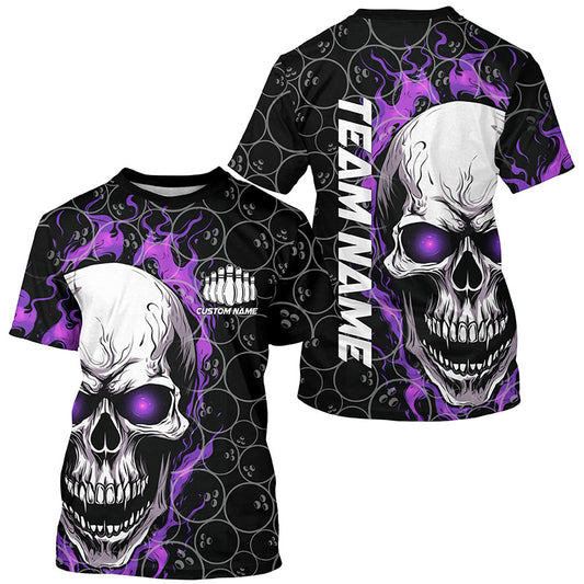 Custom Purple Flame Skull Bowling T Shirts For Men, Bowling Team All Over Printed Shirt For Bowling Team IPHW5009