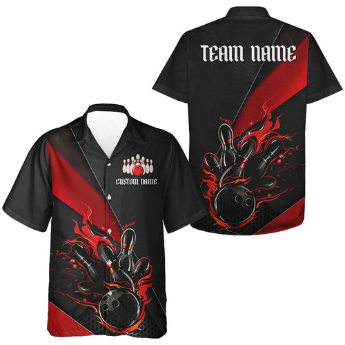 Red And Black Custom Flame Bowling Hawaiian Shirts For Men, Bowling Team Shirts With Name IPHW6185