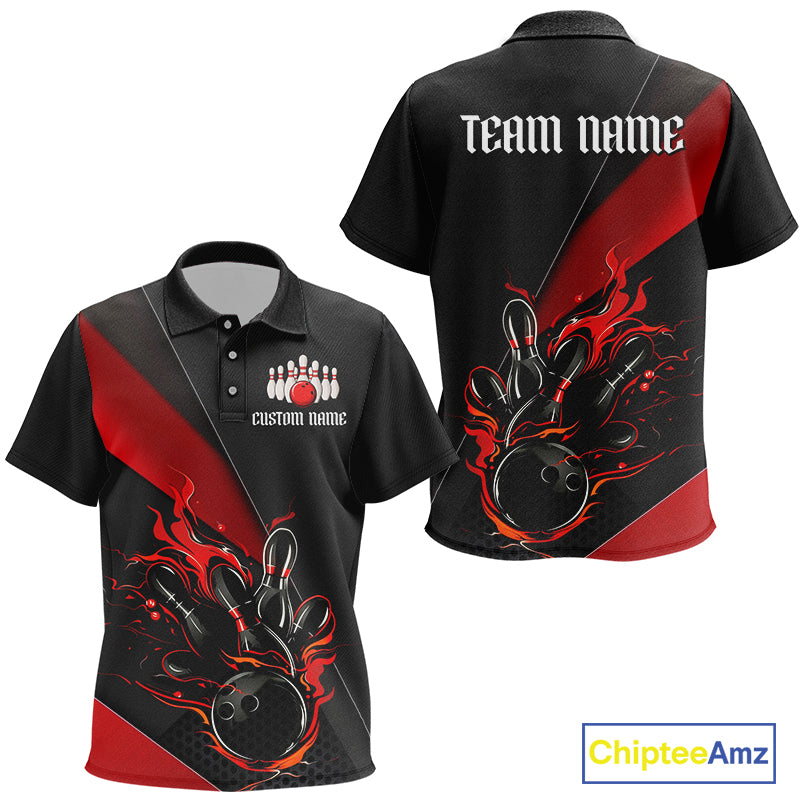 Red And Black Custom Flame Bowling Polo Shirts For Kid, Bowling Team Shirts With Name IPHW6185
